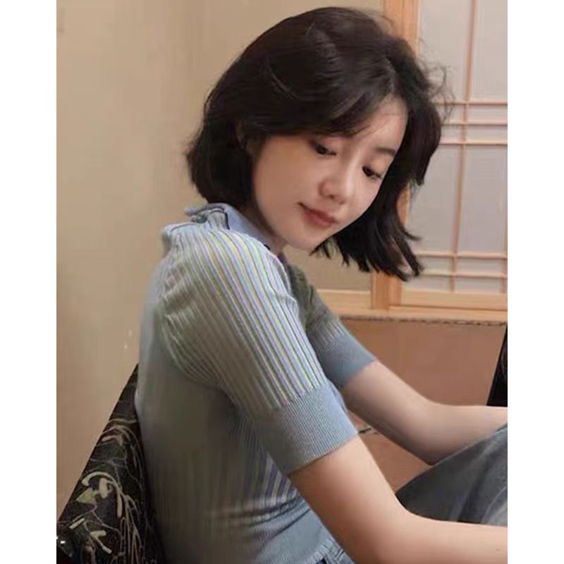 夏季法式藍色polo領針織t恤女裝設計感小眾短款修身洋氣短袖上衣