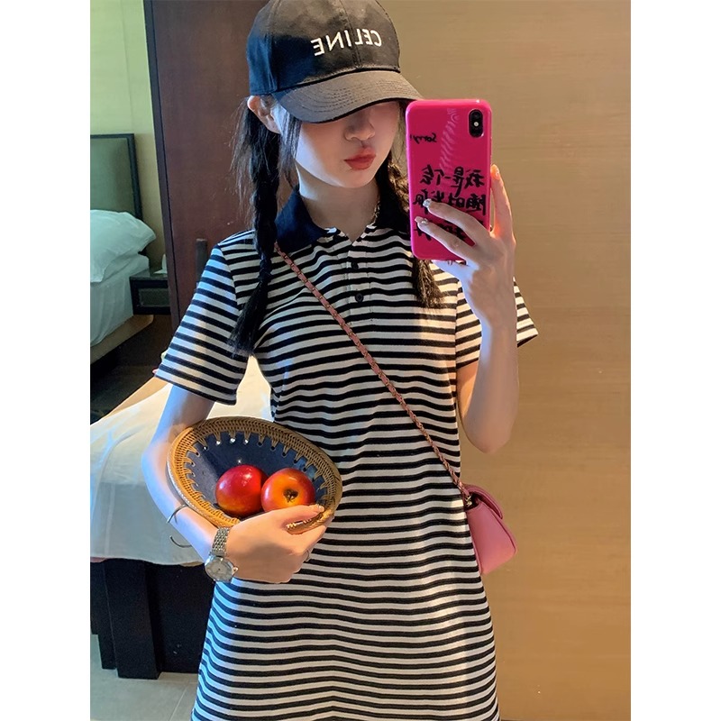 2023夏裝新款150cm小個子女裝通勤寬鬆條紋polo領連衣裙