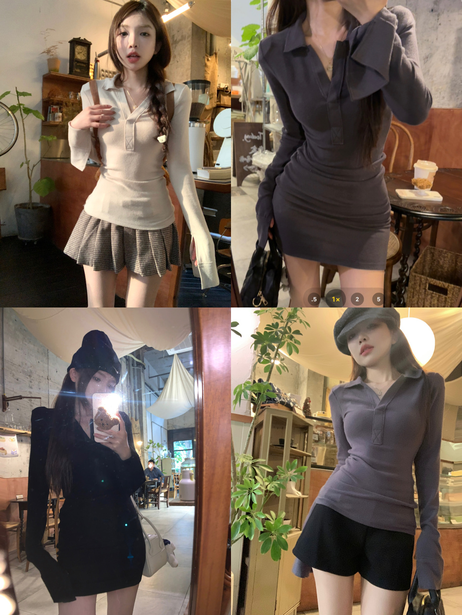 Actual shot ~ Textbook of showing breasts and pinching waist, pure lust style lapels, slimming and slimming T-shirt/dress for women's winter inner wear