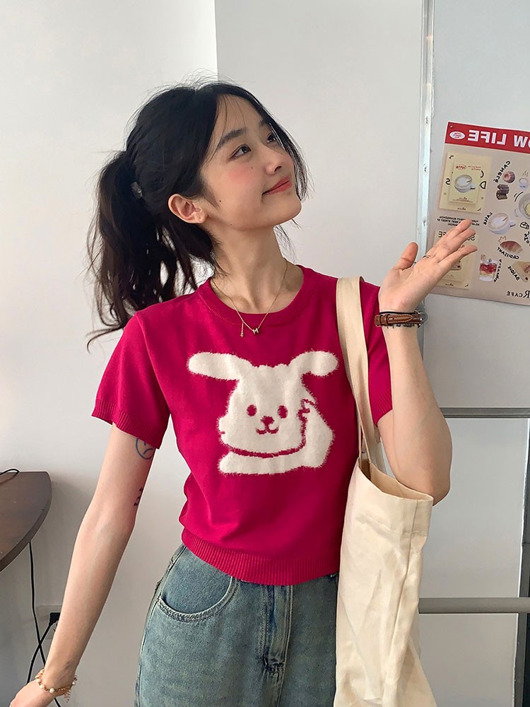 韓版甜美寬鬆小個子短袖針織衫女夏季薄款小香風設計獨特絕美上衣