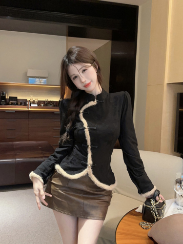 Real shot!  New Chinese style long-sleeved shirt for women plush splicing design irregular button top 2387