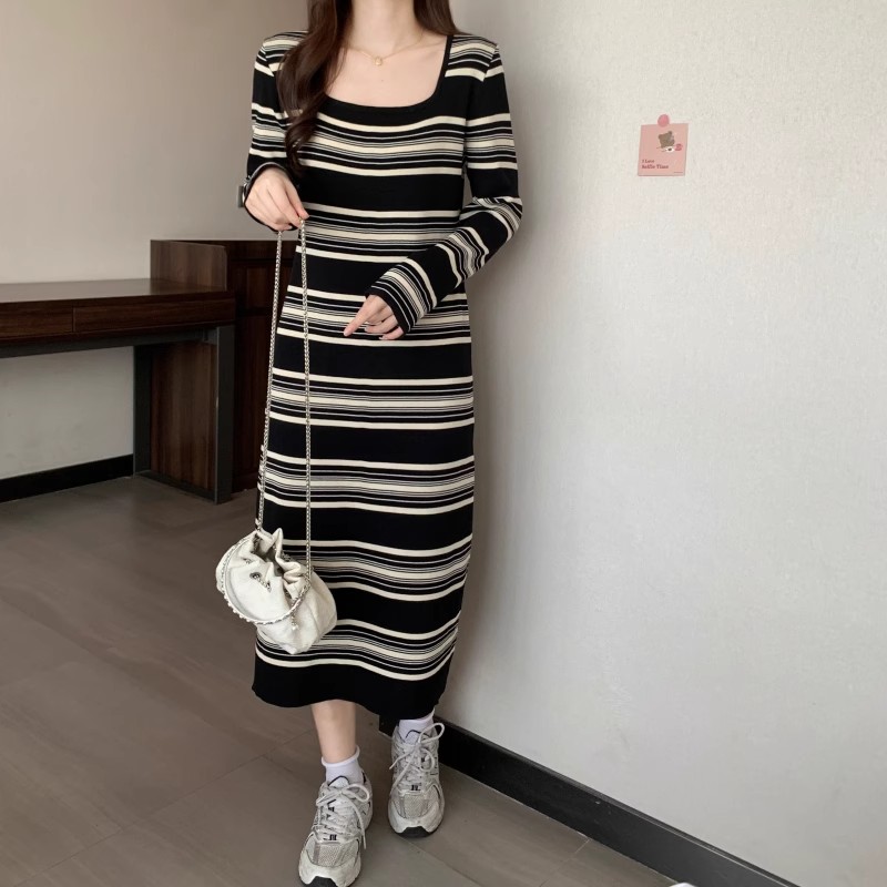 Women's Spring and Summer New Autumn and Winter U-shaped Neck Waist Slimming Striped Knitted Long-Sleeved Dress