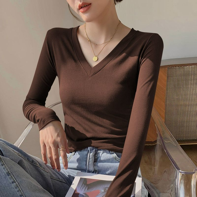 8801# Modal 260g threaded long-sleeved T-shirt for women in spring and autumn solid color V-neck with slim bottoming top