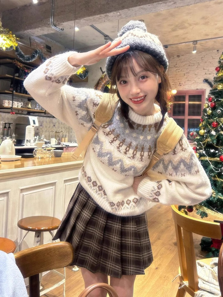 氛圍感費爾島毛衣女秋冬寬鬆慵懶風小個子軟糯套頭針織衫