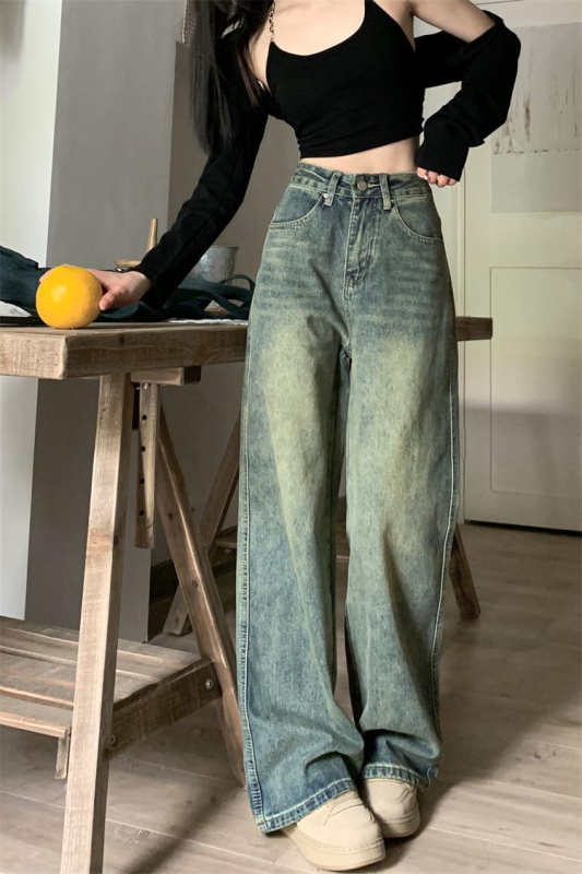 懷舊復古拖地寬鬆美式闊腿長褲韓版直筒牛仔褲女春秋外穿梨形休閒