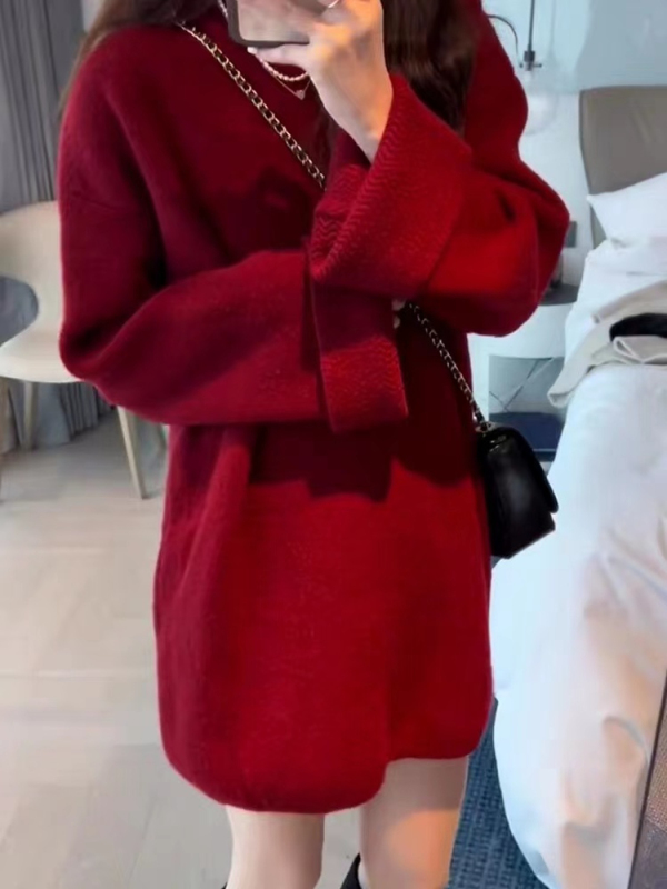 新年女裝氛圍感本命年衣服新年紅色毛衣女秋冬加厚慵懶風針織上衣