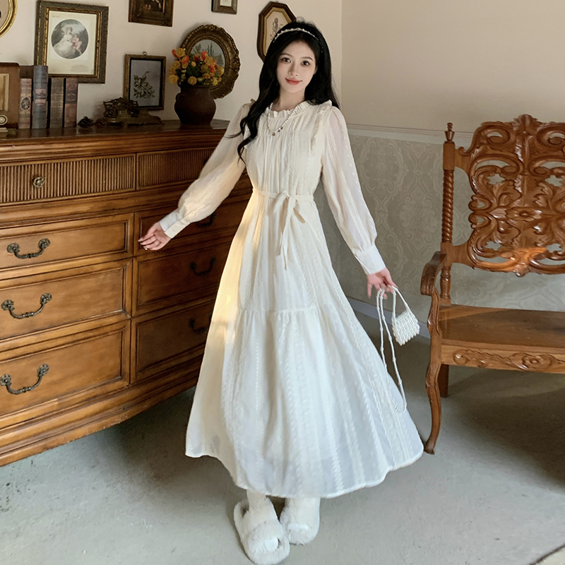 實拍~蕾絲連衣裙女裝秋冬2024新款很仙的加絨加厚保暖打底長裙