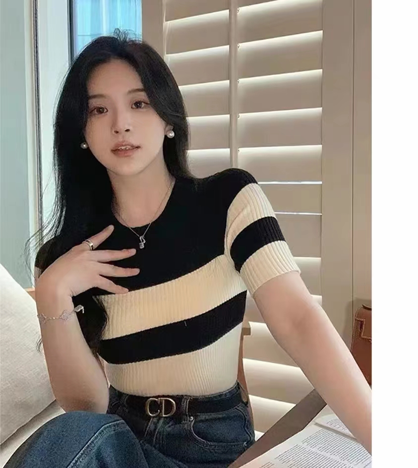 高級感條紋短袖t恤2023女夏新款小眾圓領修身法式顯瘦短款小上衣