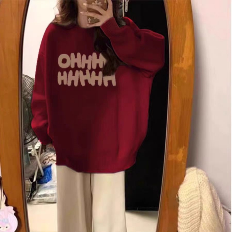 Burgundy sweater for women in winter thickened loose and lazy style 2024 new style high-end and super good-looking knitted top trend