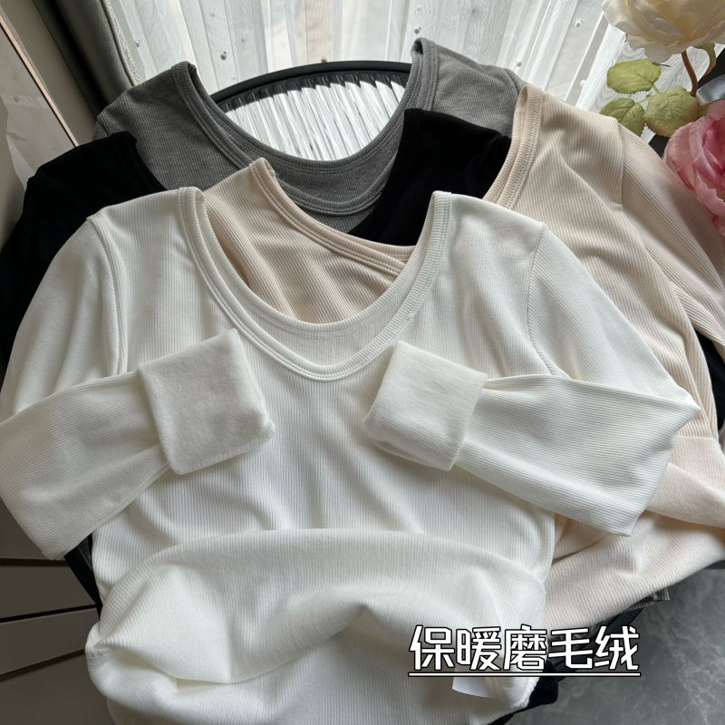 實拍秋冬保暖磨毛加絨加厚V領內搭打底衫修身長袖上衣女