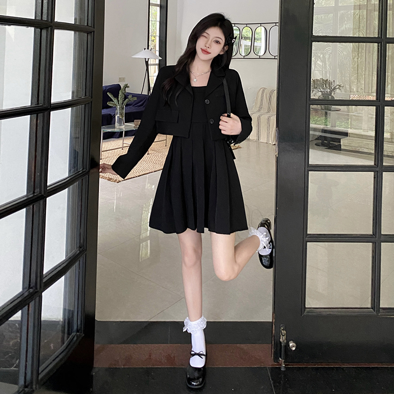Real shot ~ plus size fat mm French small suit women's suit autumn new style temperament suspender skirt goddess style two-piece set