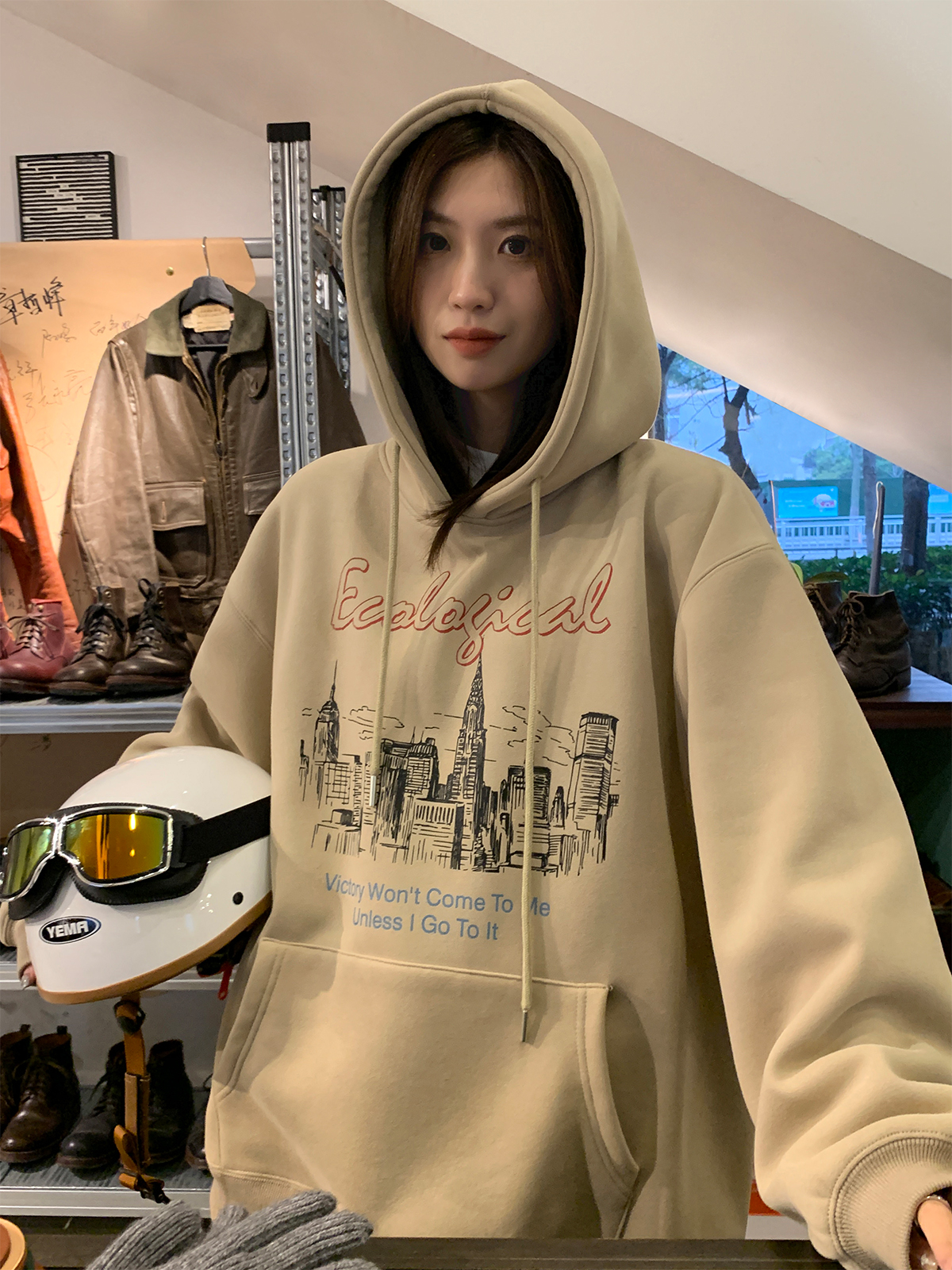 Official picture of Chinese cotton composite thin 310g/plus velvet 410g autumn and winter sweatshirt for women with print
