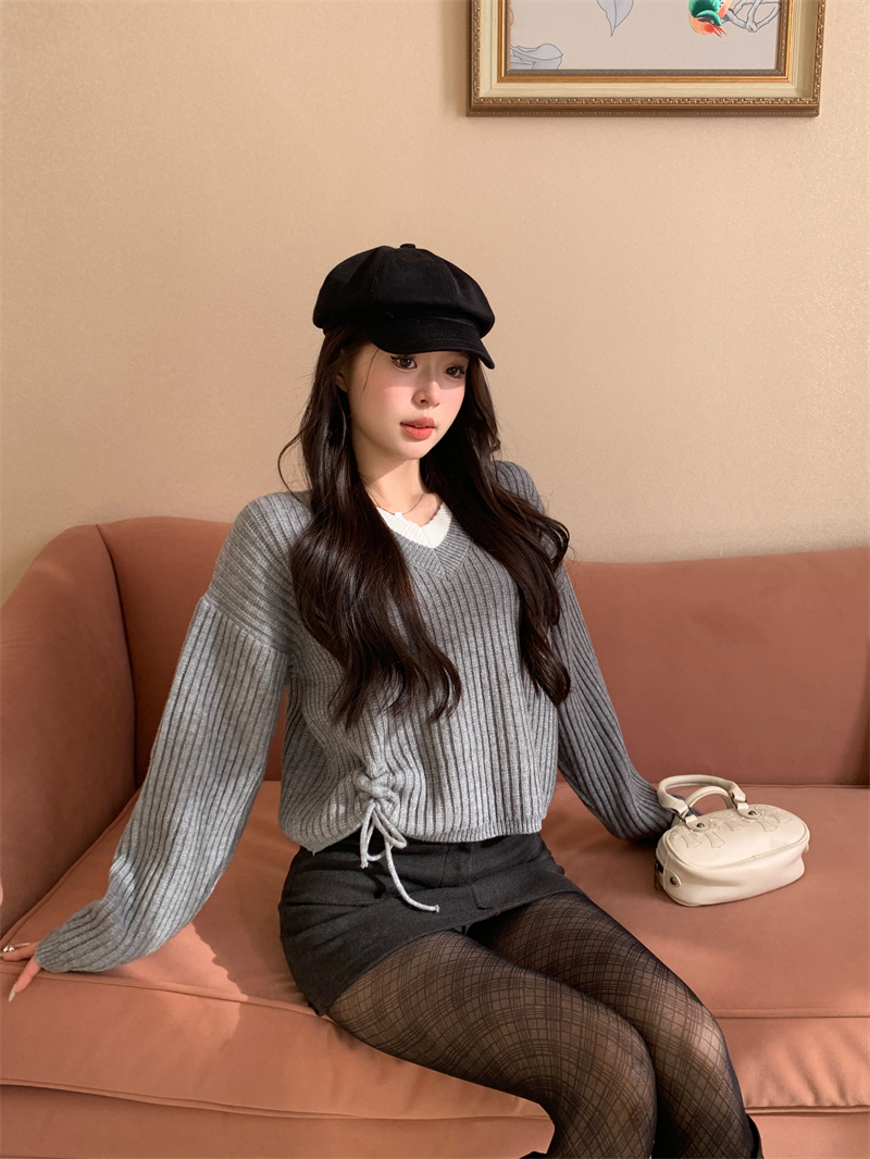 實拍 秋冬新款百搭V領假兩件坑條針織衫抽繩寬鬆毛衣女