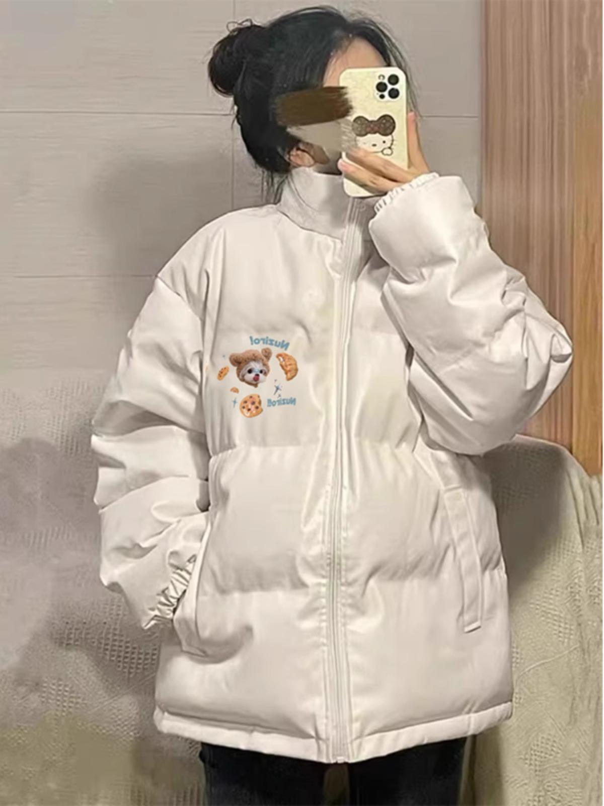高品質PU皮棉服手塞棉加厚冬季新款寬鬆印花棉服麵包服女外套