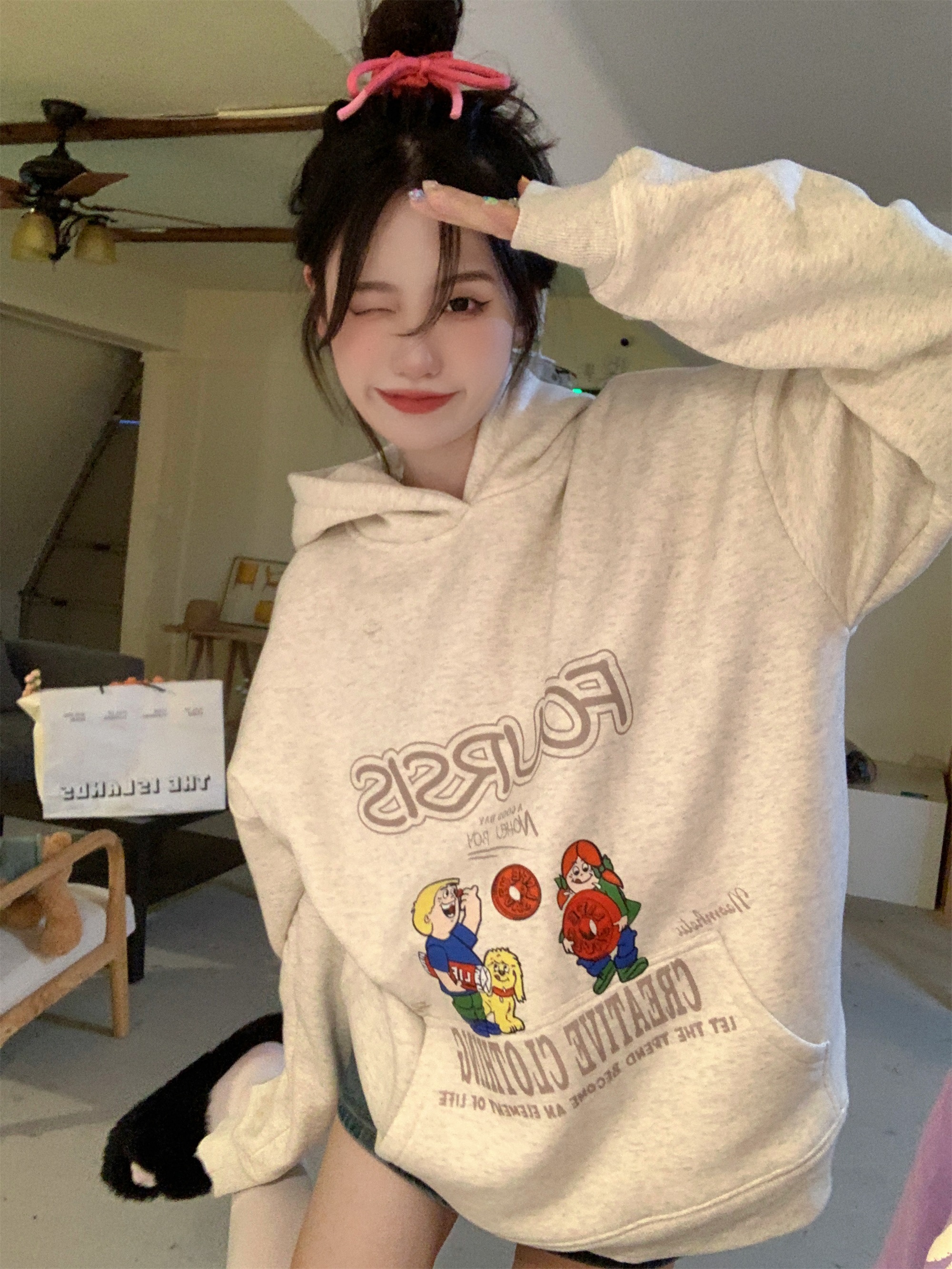 官圖華棉複合薄款310克/加絨410克秋冬裝衛衣女印花