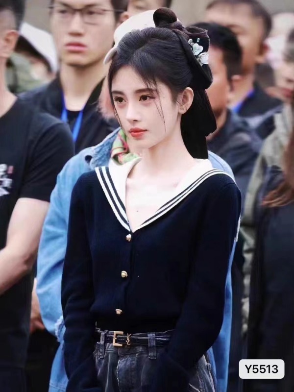 2023秋冬新款設計感海軍領條紋針織排扣開衫上衣女