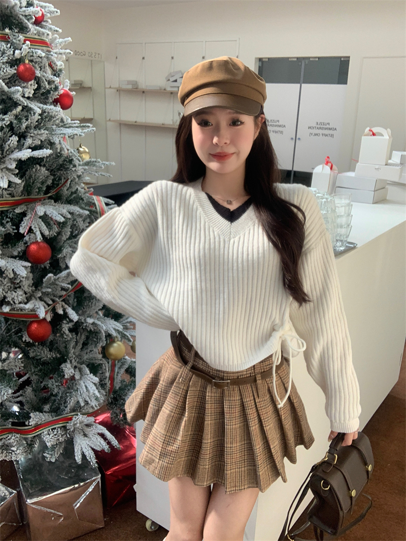 實拍 秋冬新款百搭V領假兩件坑條針織衫抽繩寬鬆毛衣女