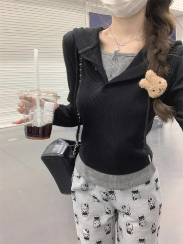 Original version, well-made, color-blocked faux two-piece hoodie with drawstring for women's winter slim-fit short top for petite figures