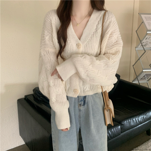 韩版慵懒风毛衣女春季新款宽松小个子短款针织开衫外套