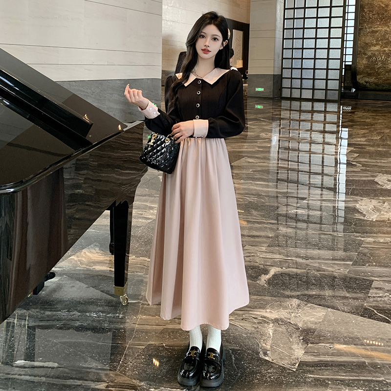 實拍~法式絕美茶歇長裙子女2024春季新款黑粉撞色拼接大碼連衣裙