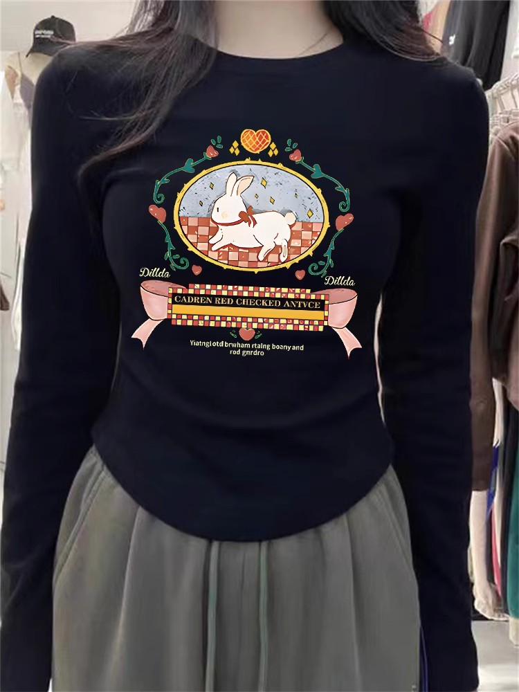 卡通印花德絨t恤女生秋冬圓領內搭加厚修身上衣設計感小眾打底衫