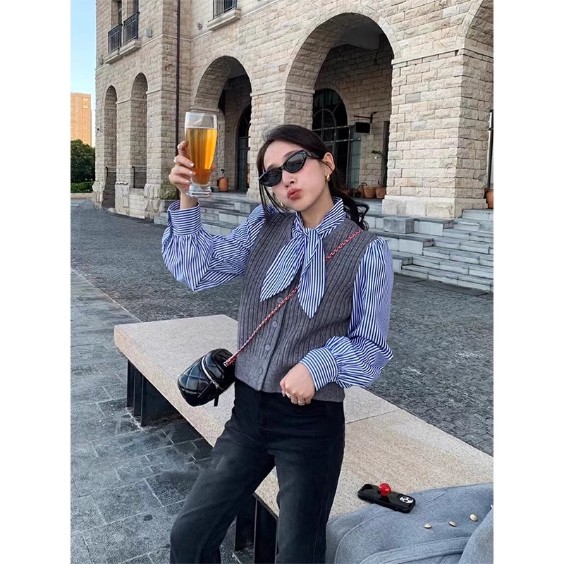 Orange color-blocking shirt for women in autumn and winter, two-piece stacked puff-sleeved retro Korean style loose design niche top