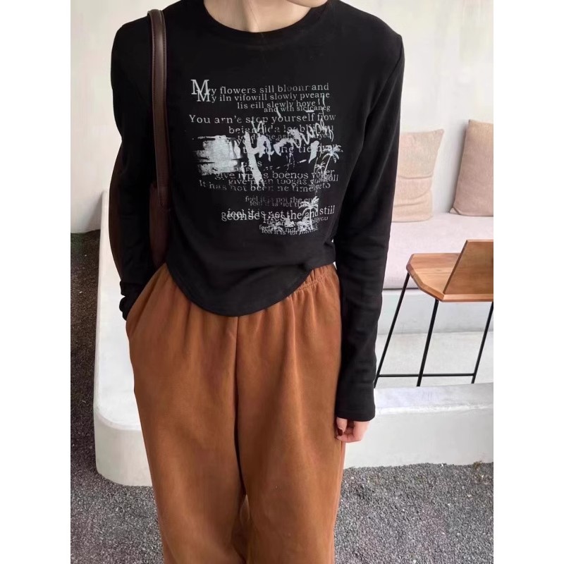 甜辣風加絨加厚上衣服秋冬季女款正肩圓領簡約印花短款t恤打底衫