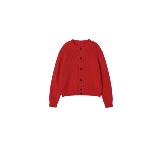 法式慵懒风红色圆领长袖针织开衫毛衣外套上衣女
