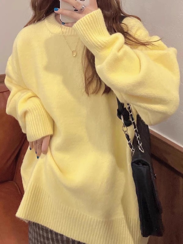 韓版毛衣女款2023新款秋冬氣質溫柔慵懶針織衫圓領套頭奶油黃毛衣