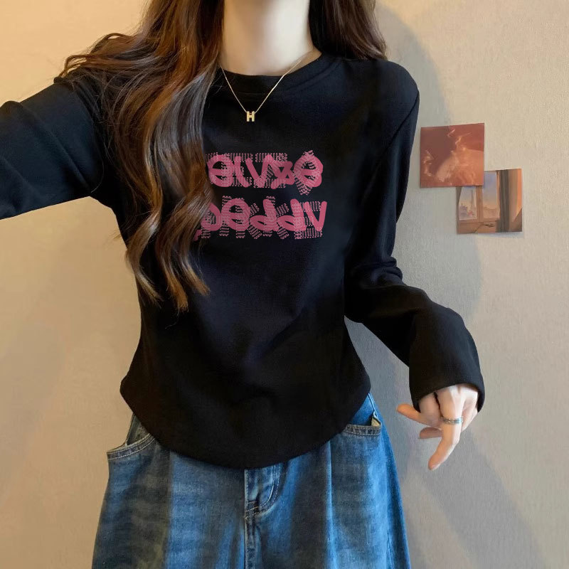 黑色磨毛德絨打底衫女內搭秋冬新款美式修身顯瘦加厚長袖上衣