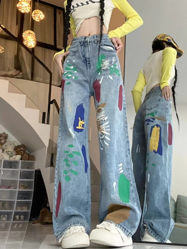 潮流薄款女裝個性彩繪塗鴉牛仔褲網紅破洞高腰拖地牛仔闊腿褲