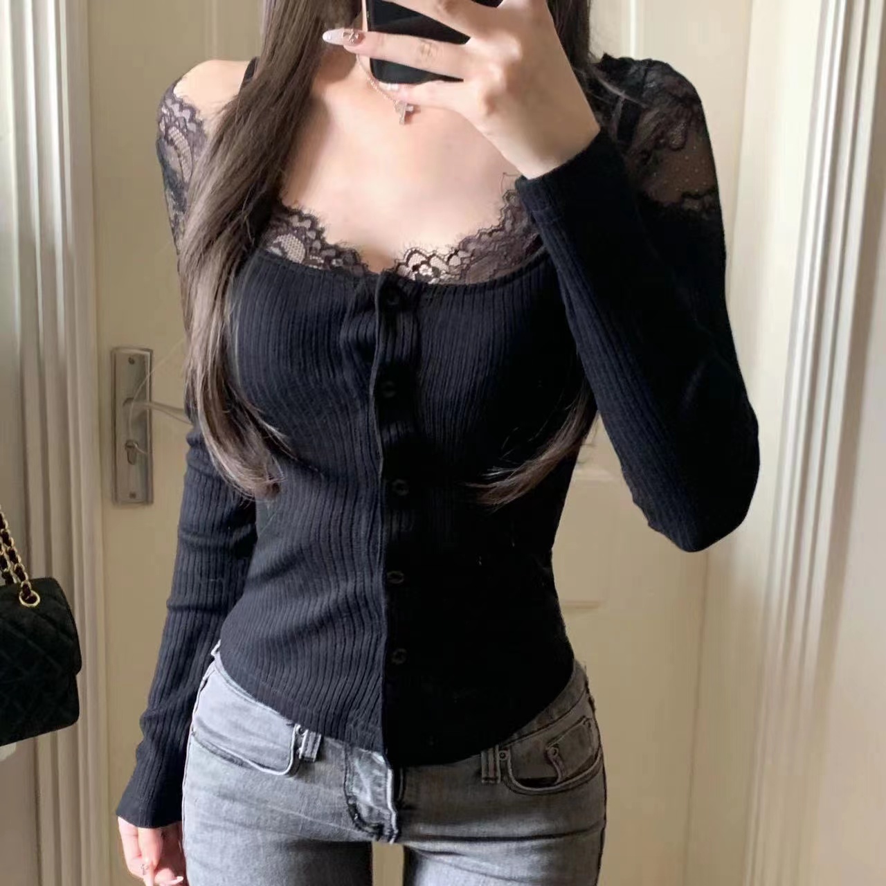 設計感蕾絲拼接純欲女春秋季小個子修身顯瘦百搭內搭打底衫上衣