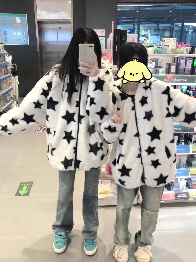 原版面料兔毛複合真超新款星星開衫外套加絨加厚外套女