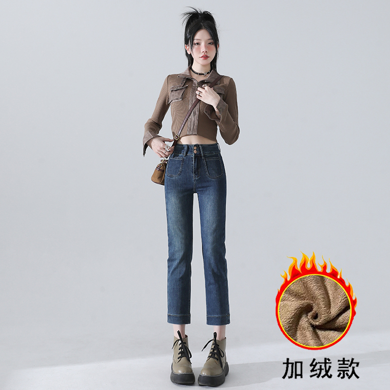 實拍 直筒顯瘦秋冬季新款加絨百搭顯瘦煙管褲八分九分小個子