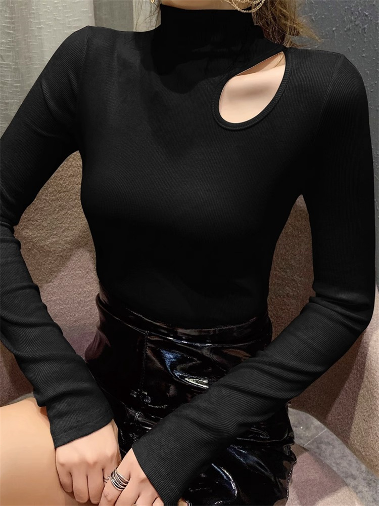 黑色半高領打底衫女秋冬2024新款設計感鏤空修身內搭上衣