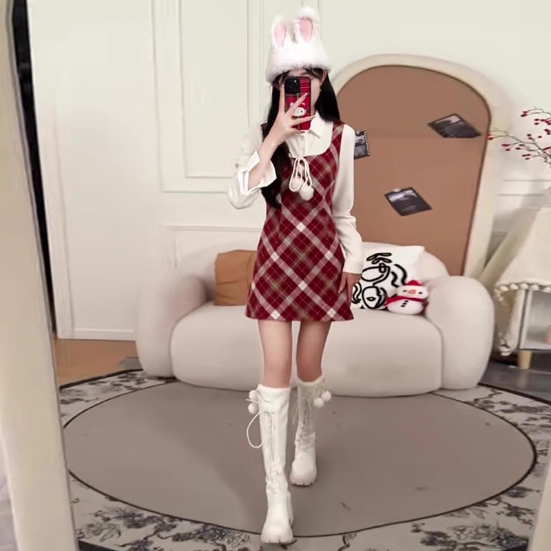 聖誕學院風假兩件紅色連衣裙子2023秋冬季新款女裝小個子一整套裝