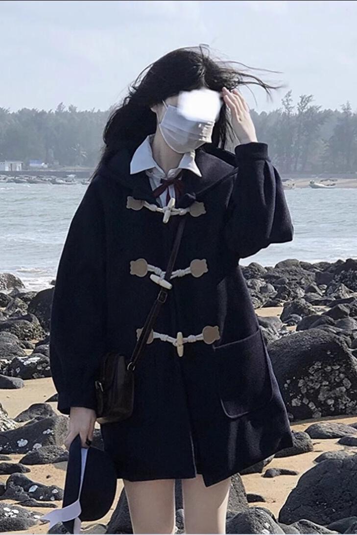 連帽秋冬牛角扣中長款寬鬆毛呢大衣日系學院風百搭jk制服外套
