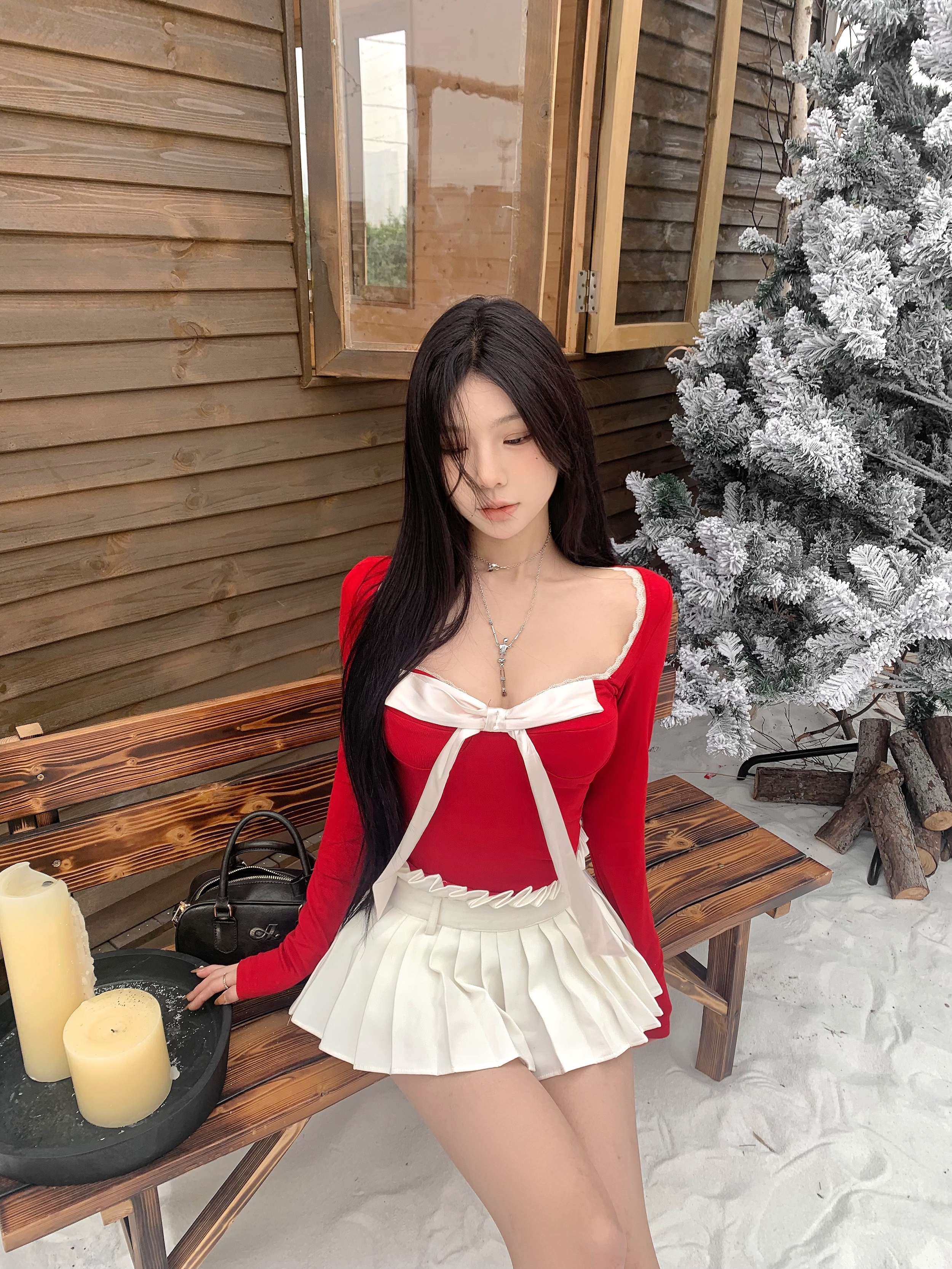 實拍~紅色氛圍感蝴蝶系帶上衣女低領抹胸蕾絲花邊緊身T恤