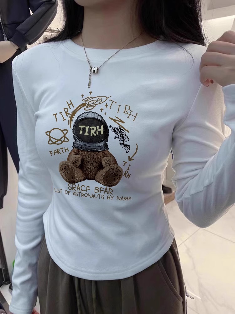 甜辣風加絨加厚上衣服秋冬季女款正肩圓領簡約印花短款t恤打底衫
