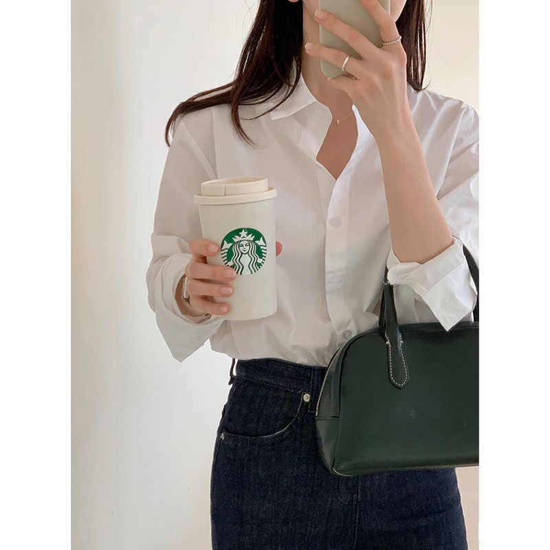 純棉長袖白色襯衫女簡約通勤韓版打底百搭寬鬆氣質polo領內搭上衣