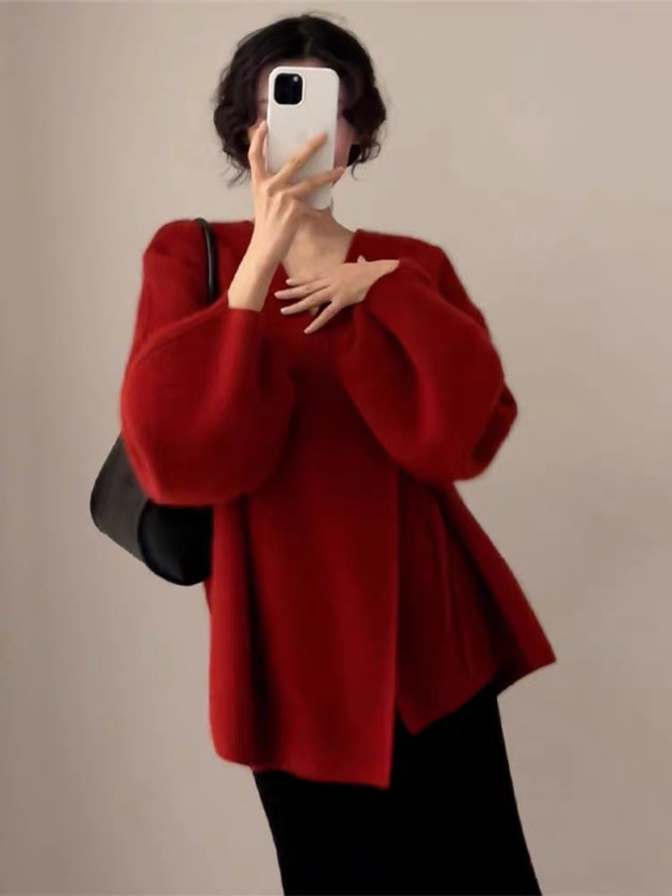 新年戰袍紅色毛衣女秋冬法式復古新中式國風針織綁帶外套