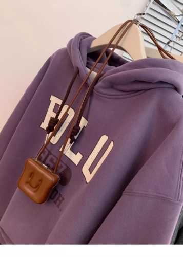 Original workmanship purple velvet hooded front shoulder sweatshirt for women autumn and winter European goods for small people  new style