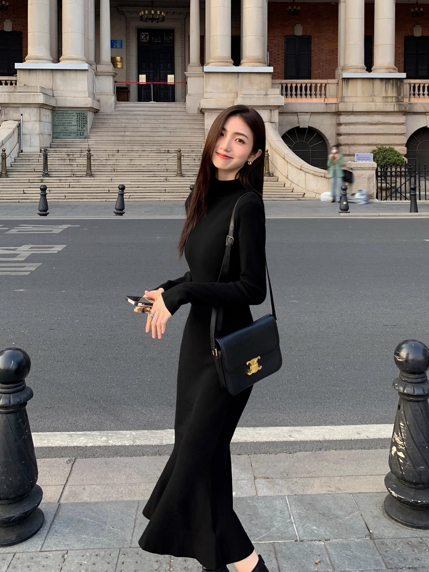 MULVAN針織連衣裙女2023秋冬氣質魚尾裙半高領內搭顯瘦裙子長裙