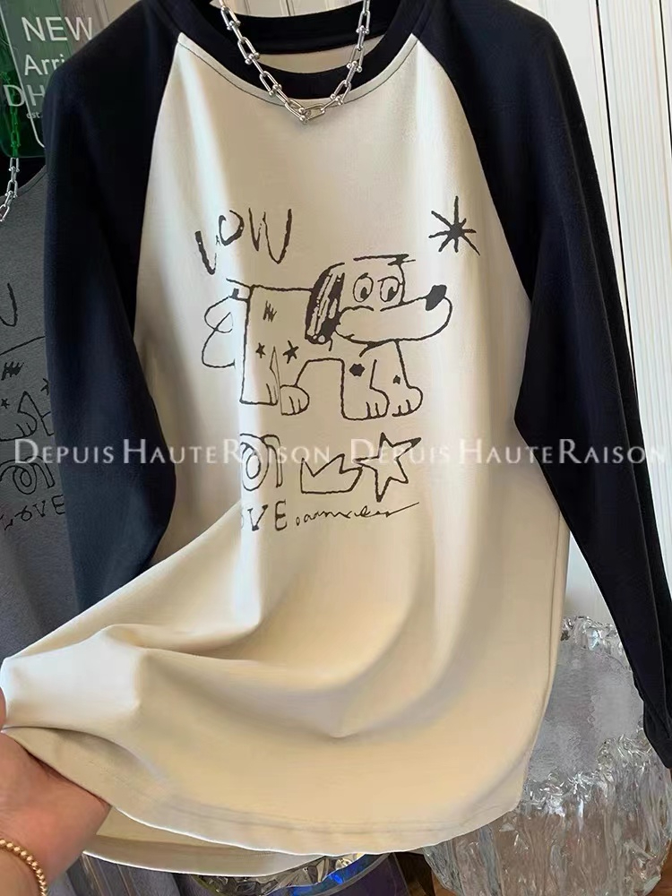Silk cotton double-sided velvet puppy graffiti print raglan sleeve t-shirt women's bottoming shirt top