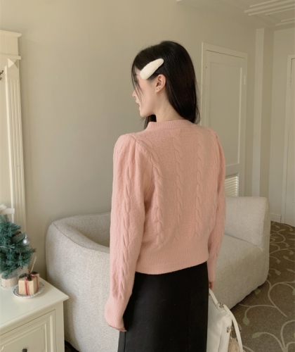 Actual shot of new autumn and winter style small fragrant bow twist sweater long-sleeved knitted cardigan women's jacket + skirt