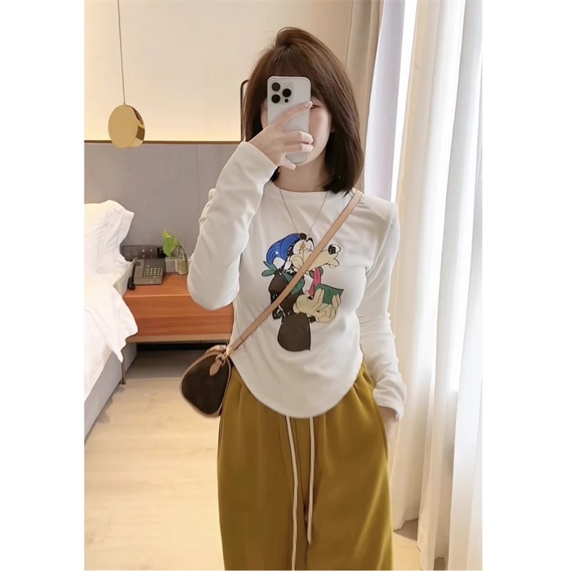 甜辣風德絨加絨加厚上衣服秋冬季女款正肩圓領短款t恤打底衫