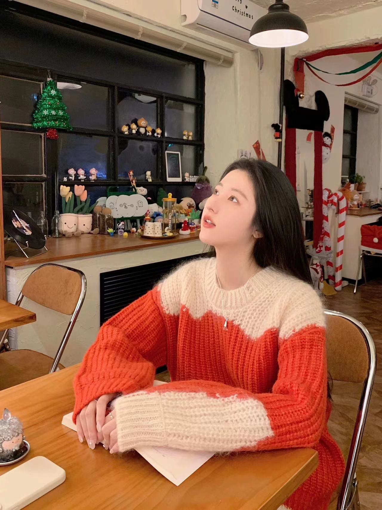 復古慵懶風撞色毛衣女秋冬季軟糯糯加厚奶fufu針織衫長袖圓領上衣