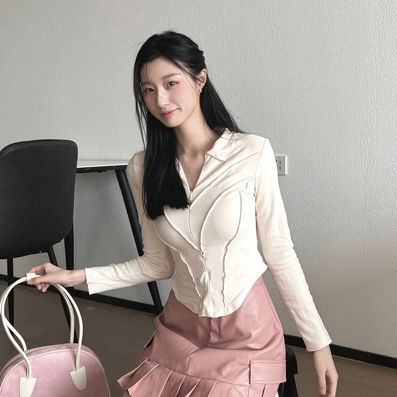 2024春秋緊身長袖T恤女辣妹收腰御姐打底衫拉鏈輕熟上衣
