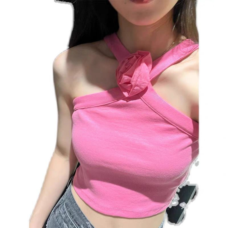 辣妹美式粉色花朵修身設計感露肩掛脖背心小吊帶上衣女