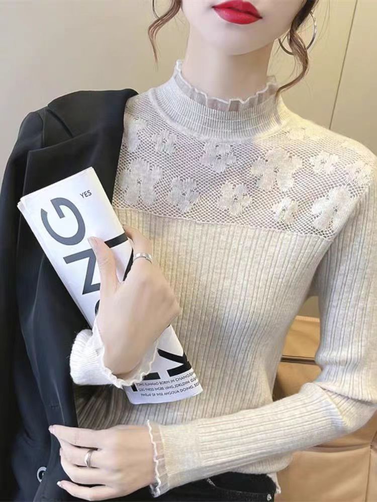 蕾絲女裝上衣2023年新款洋氣百搭長袖針織衫套頭毛衣打底衫